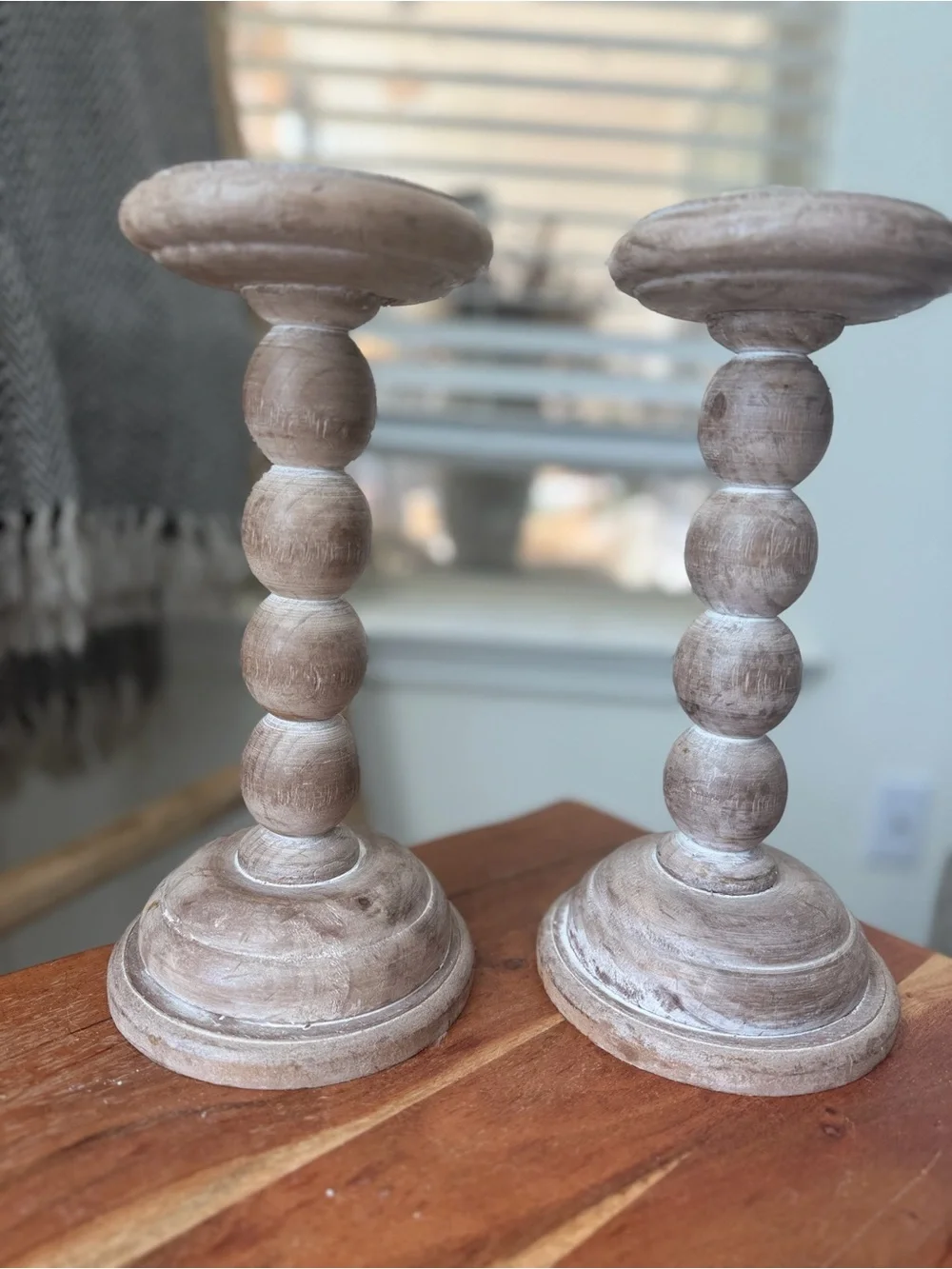 Whitewashed Wood Bobbin Candle Holders Set of 2 Boho Farmhouse